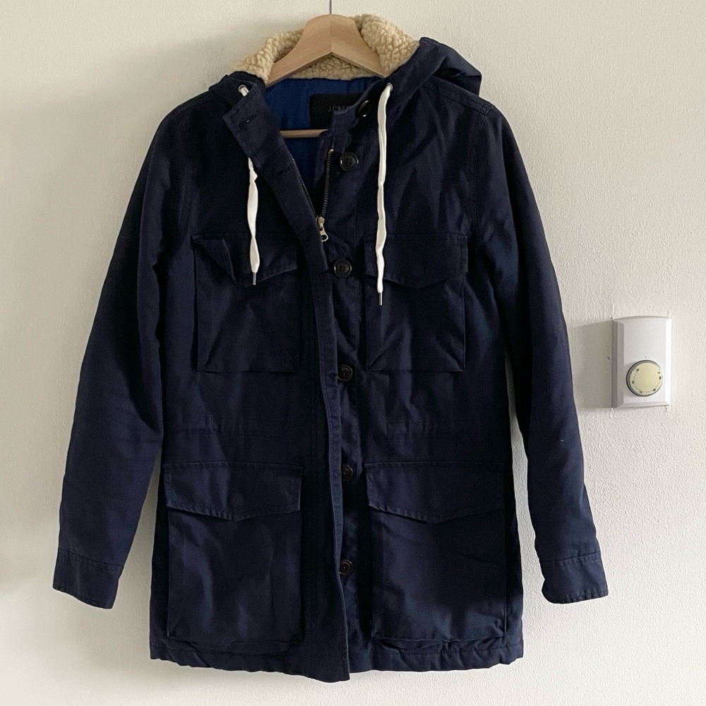 J. Crew Sherpa Hooded Utility Barn Coat‎ Women’s Size XS Navy Blue Pockets